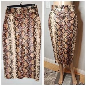 Zara Faux Leather Snake Print Midi Skirt Snap Button Front Sz Small Side Pockets
